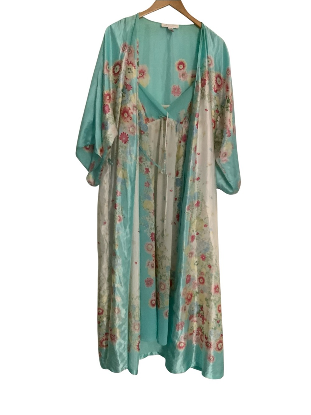 90s Oscar de la Renta Aqua Floral Satin 2 Pc Gown  Missing BELT